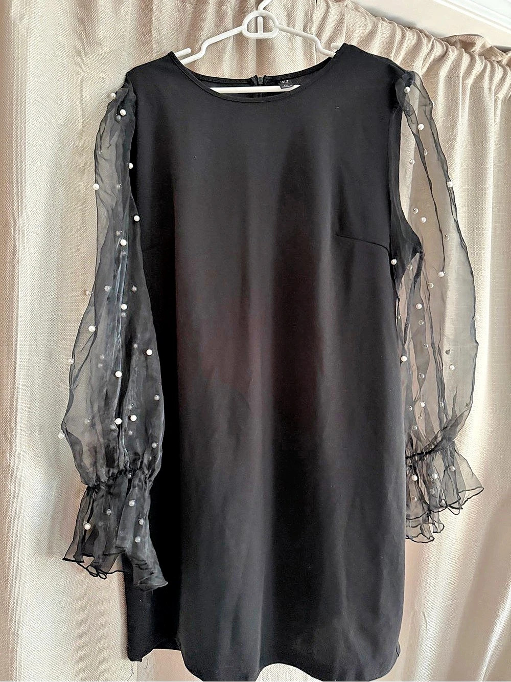 SHEIN CURVE Plus Size Solid Color Faux Pearl Decor Mesh Patchwork Long Sleeve